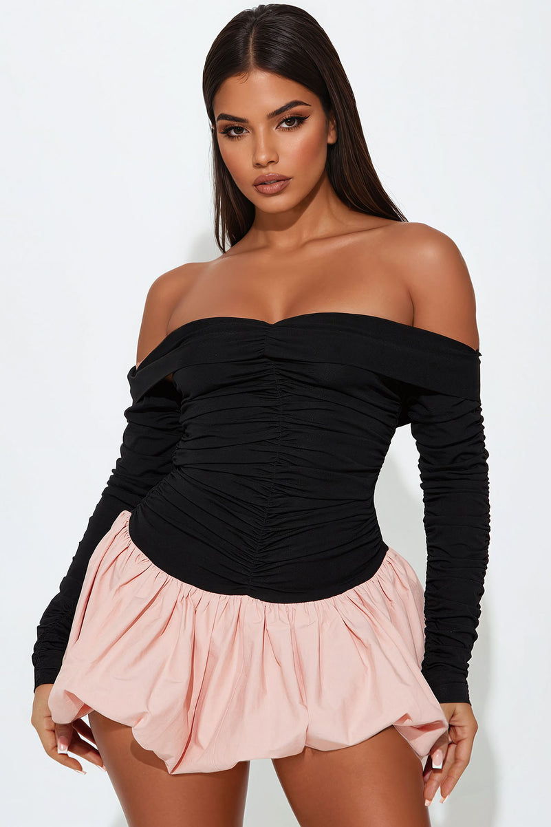 Adrianne Ruched Off Shoulder Bubble Mini Dress