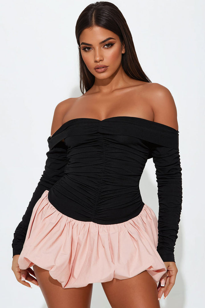 Adrianne Ruched Off Shoulder Bubble Mini Dress