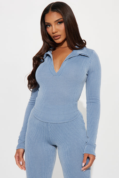 Josie Ribbed Long Sleeve Set - Dusty Blue
