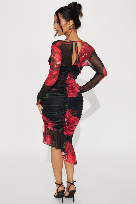Rosanna Floral Mesh Midi Dress - Red