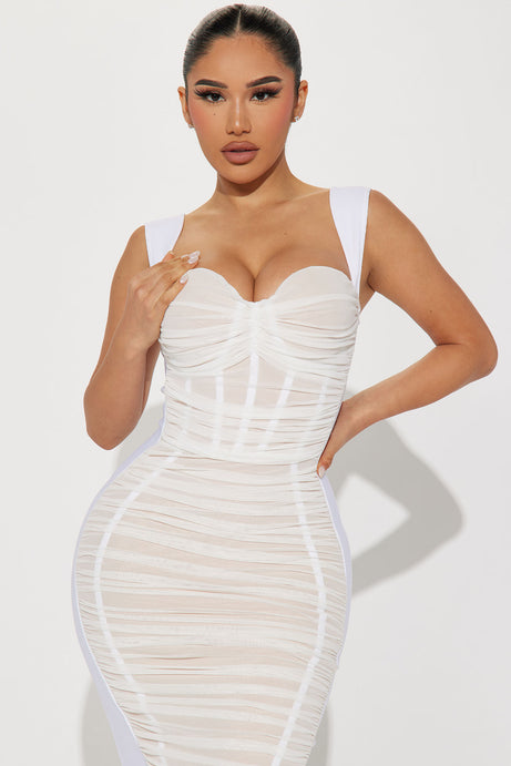 Melanie Ruched Bandage Midi Dress - White
