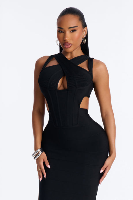Midi dress باندج بتفاصيل متقاطعة – أسود