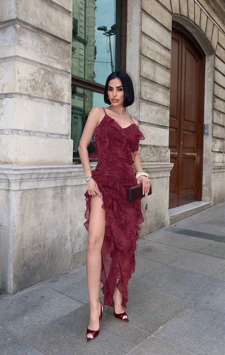 Maxi dress  عنابي بكشكش أنيق
