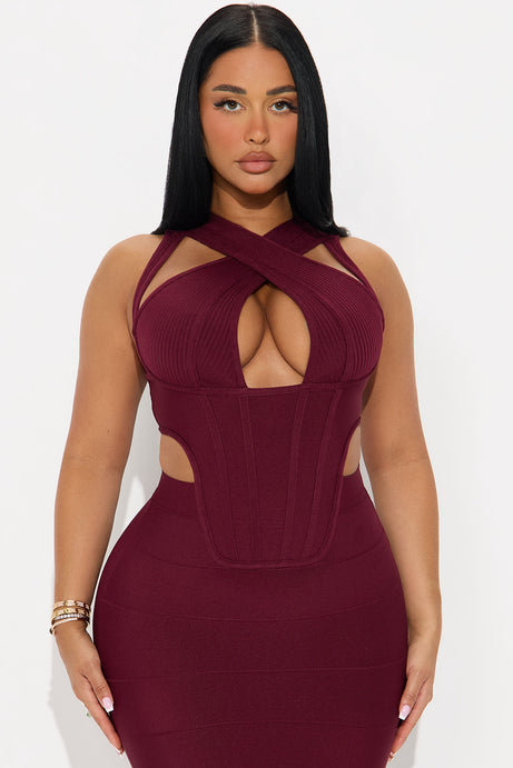 Midi dress باندج بتفاصيل متقاطعة – عنابي