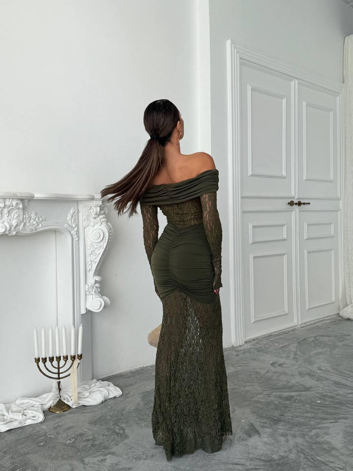 Maxi dress اوف شولدر دانتيل زيتي