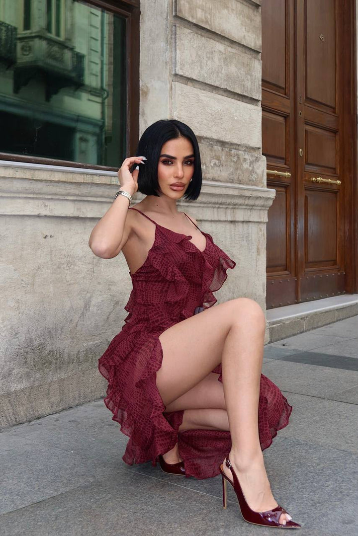 Maxi dress  عنابي بكشكش أنيق