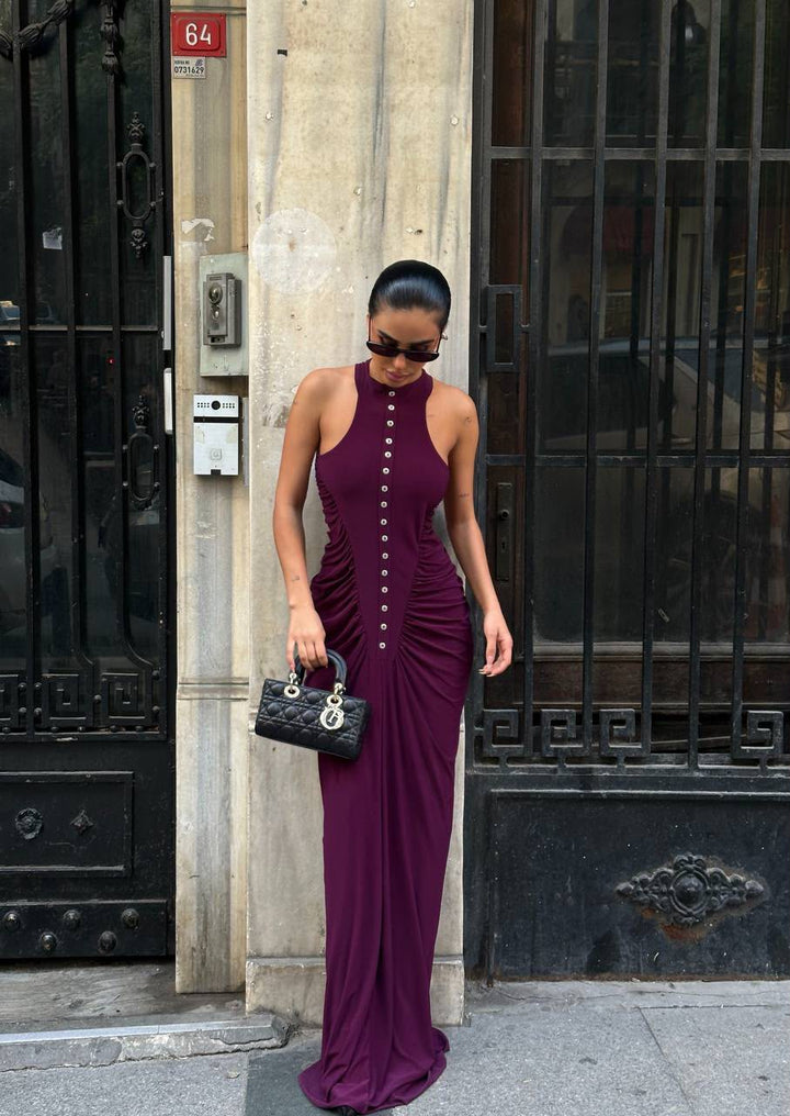 Maxi dress رمادي بتصميم مجسم وأزرار أمامية