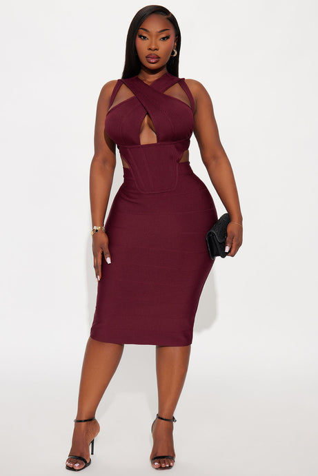 Midi dress باندج بتفاصيل متقاطعة – عنابي