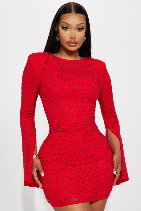 Sarah rhinestone mesh mini dress - Red